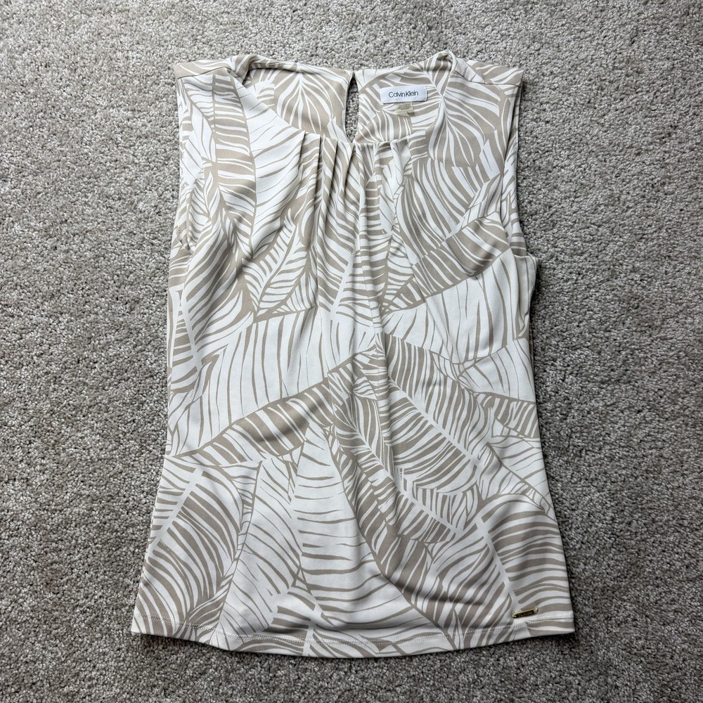 Calvin Klein Blouse Womens Medium Beige Leaf Print Sleeveless Crew Neck Stretch